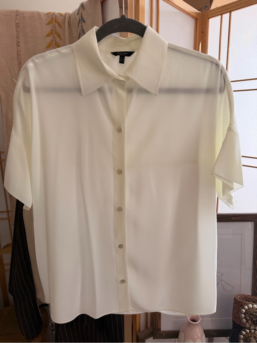 Massimo Dutti Ivory Sheer Blouse Short Sleeve Button Front Size 42 (US 10)